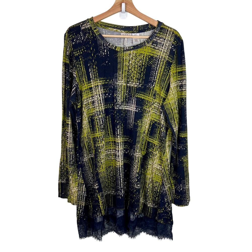 LOGO Lori Goldstein Sz XL Printed Knit Top w/ Lace Trim Long Sleeves Navy Tunic